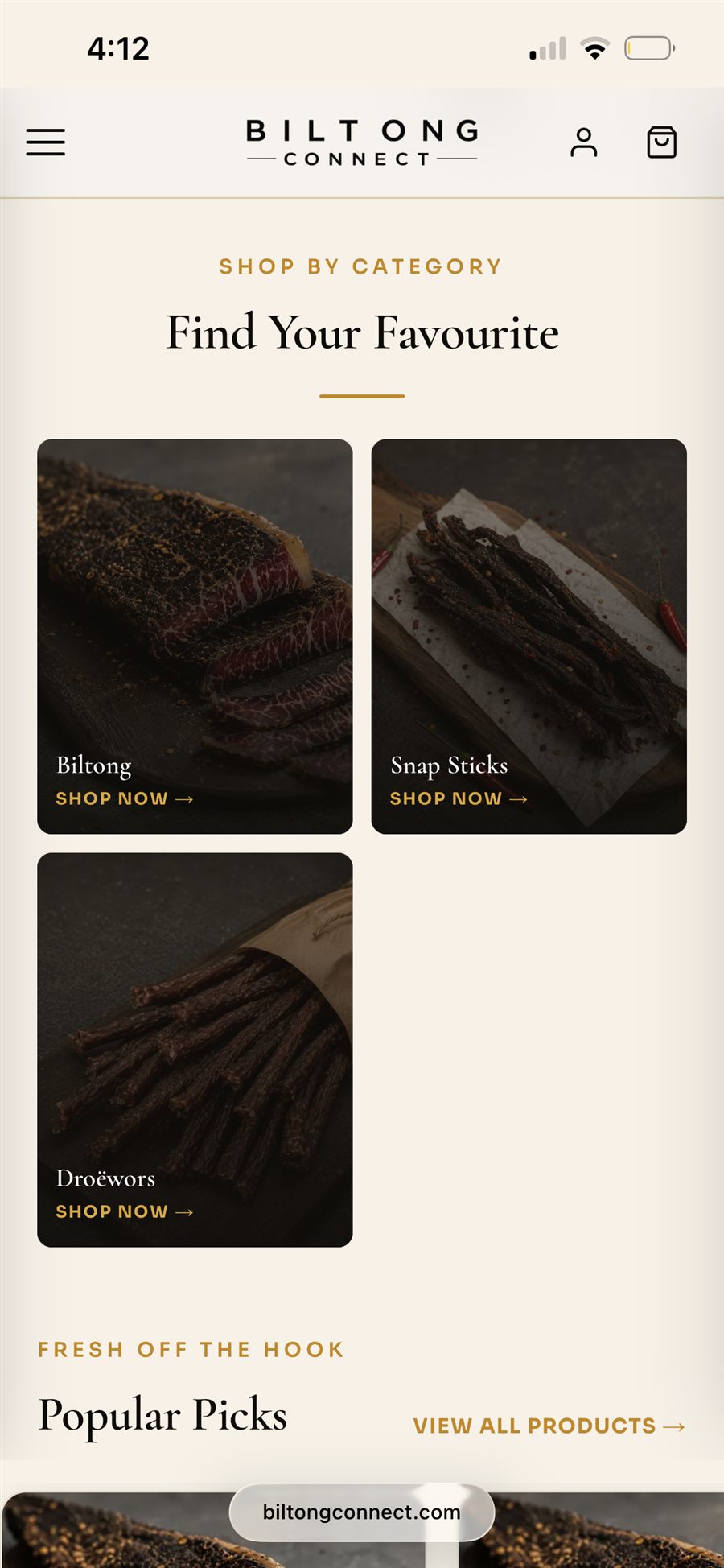 Biltong Connect product categories and butcher photography