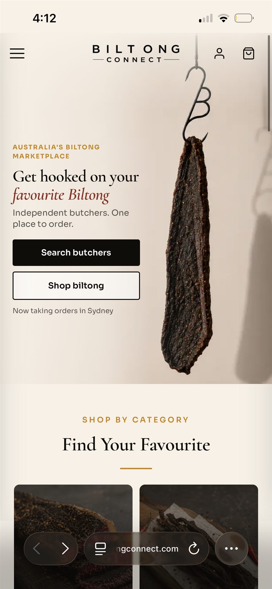 Biltong Connect marketplace showing hanging biltong and its shopping experience