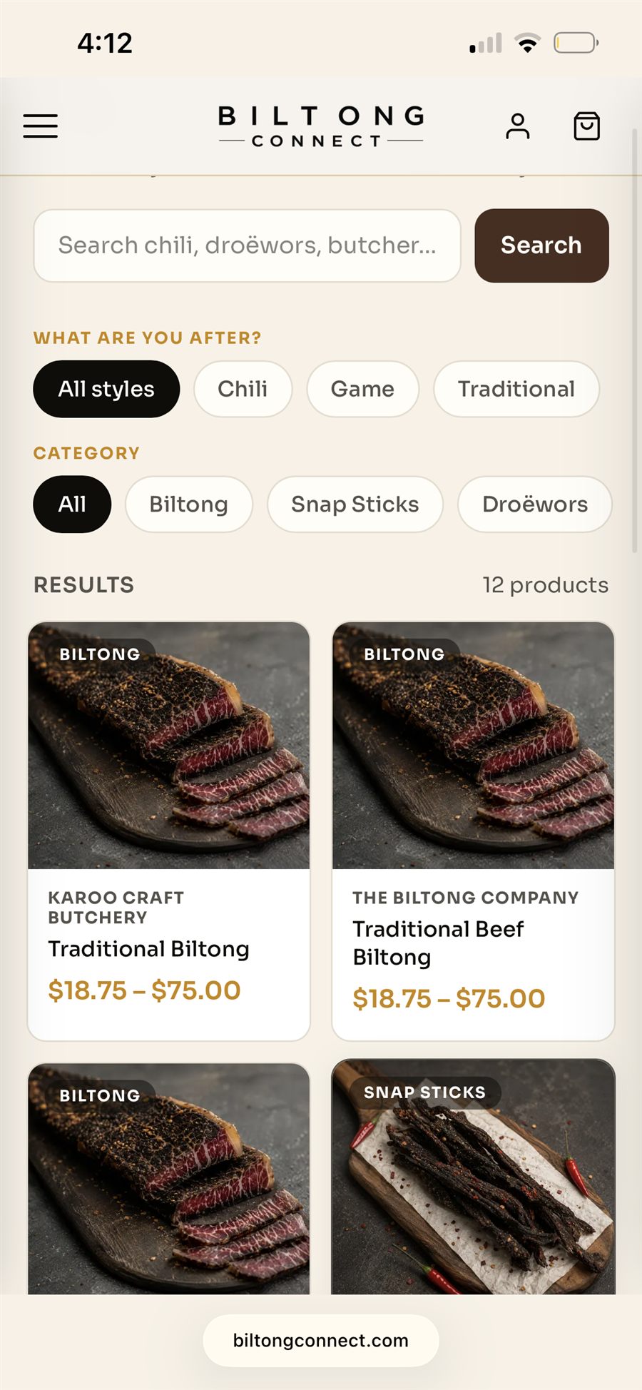 Biltong Connect product listings