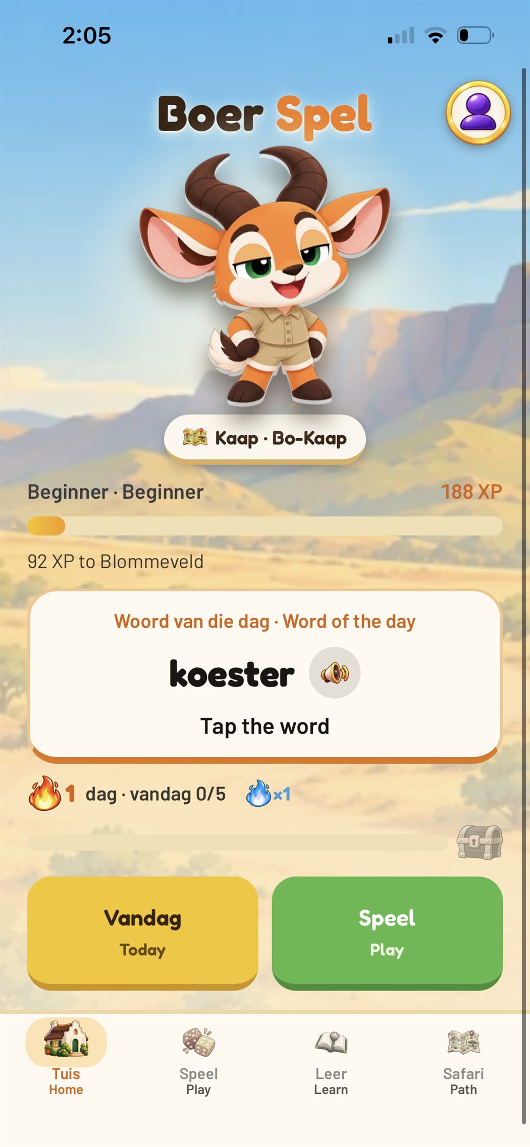 Bokkie on the Boer Spel home screen