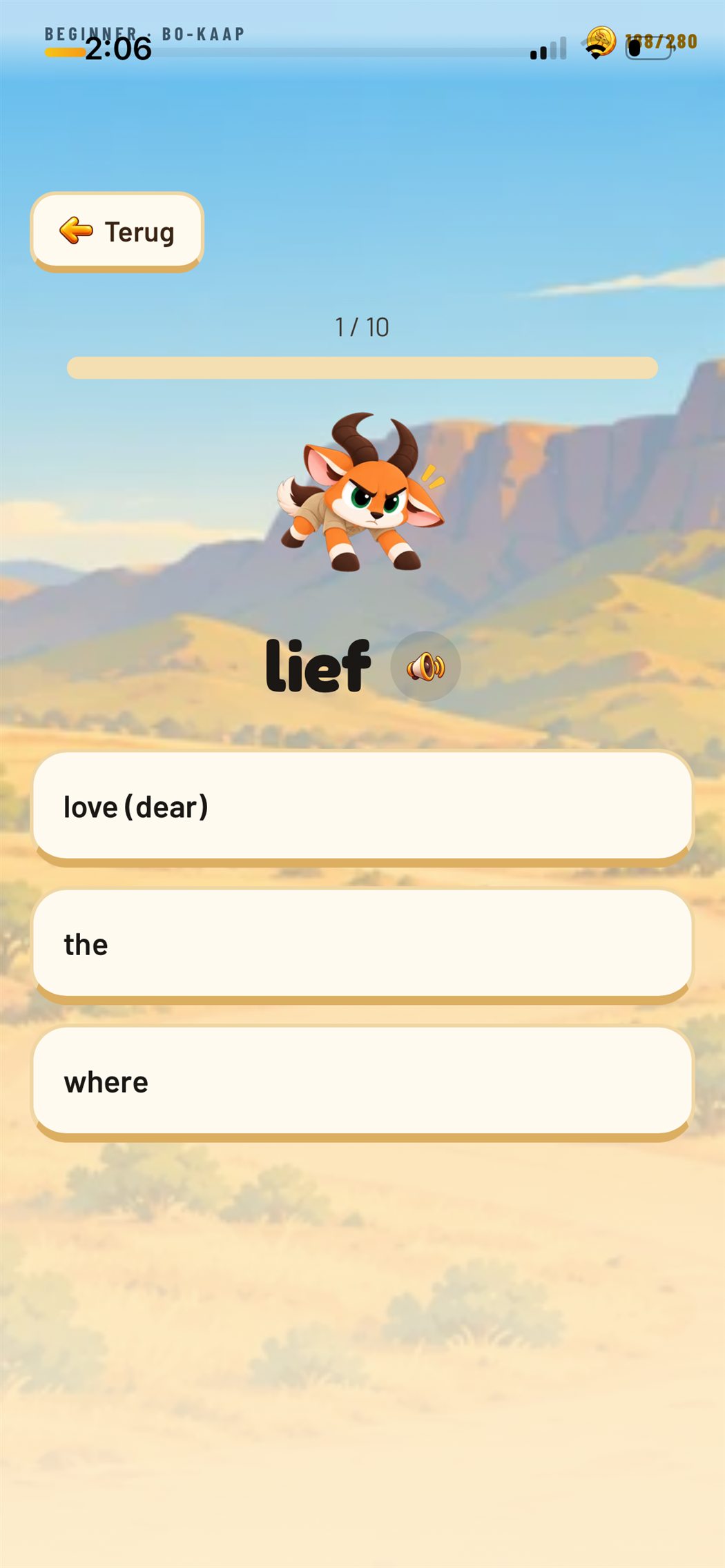 Afrikaans word question in a Boer Spel lesson