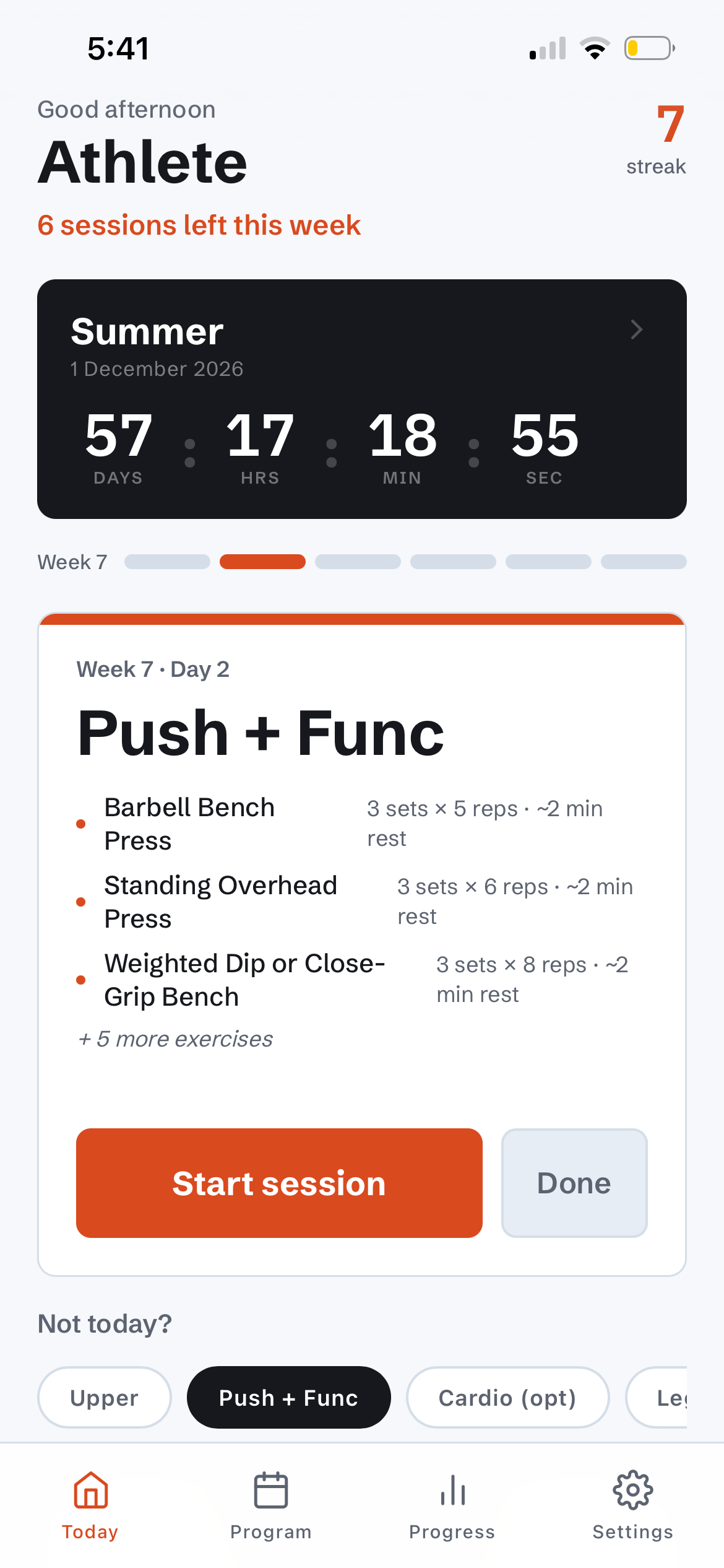 OPERATE Today screen with the week's training and a workout ready to start
